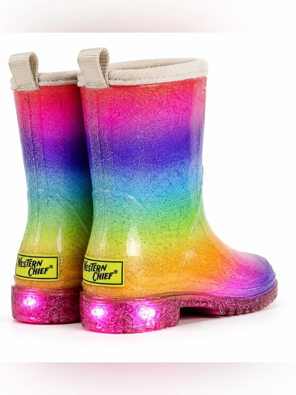 Western Chief Rainbow Sparkle Ombre Glitter Light-Up Fur-Lined Rain Boots Kids 7